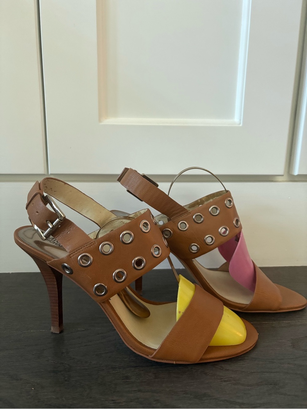 Michael Kors Brown Leather High Heel Sandals with Color Block Accents
